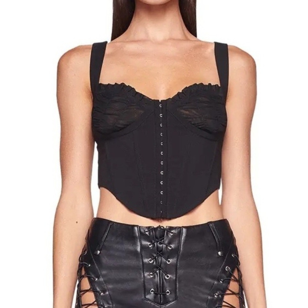 I.AM.GIA Black Corset Top Mesh Ruffle Hook Eye GIA12798 Womens‎ XS